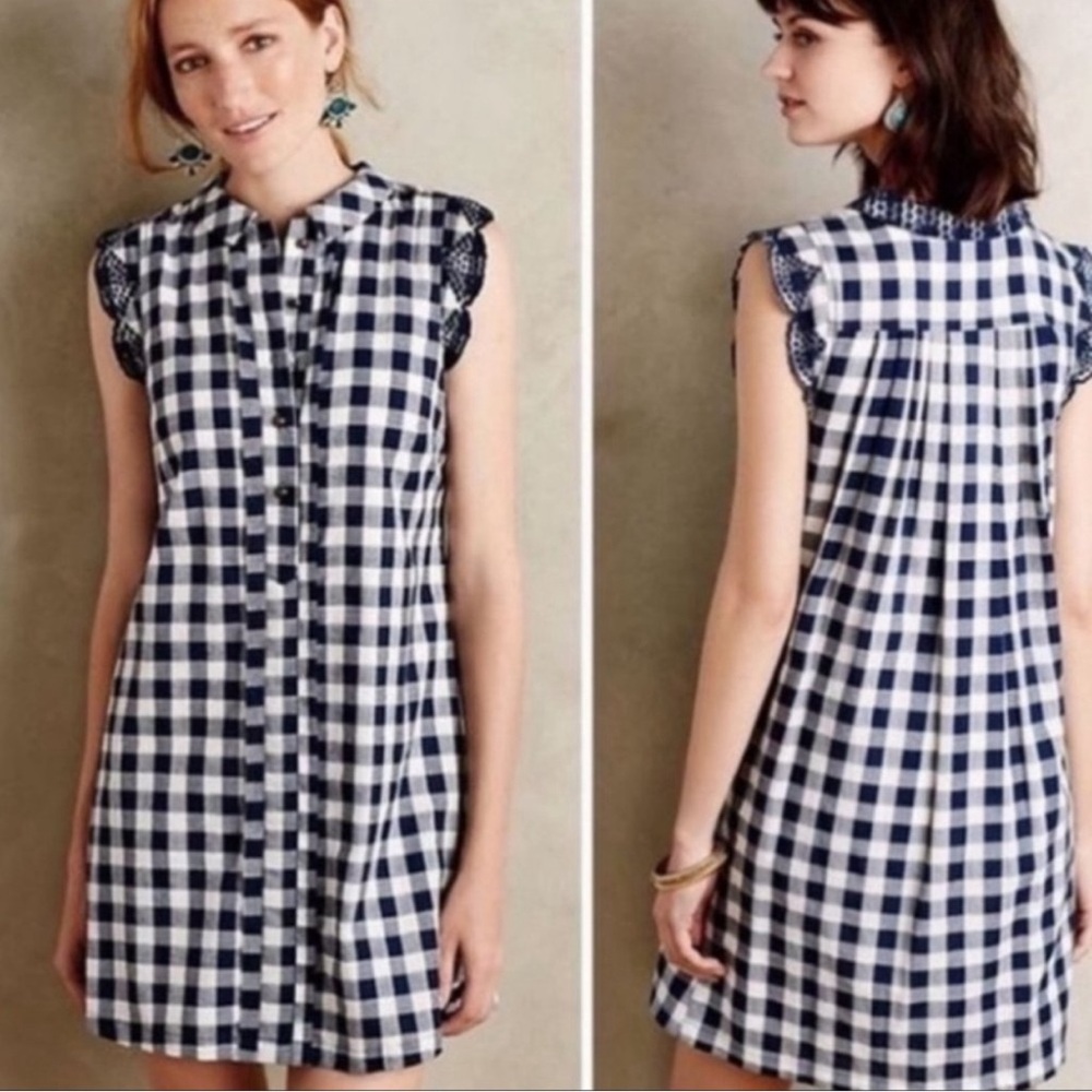 Anthropologie Trinette Gingham Plaid Shirt Dress in Navy Blue & White size: S - Picture 2 of 13
